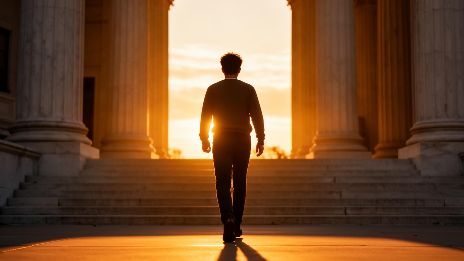 A person walking out of a courthouse into warm sunlight, symbolizing release and a new beginning