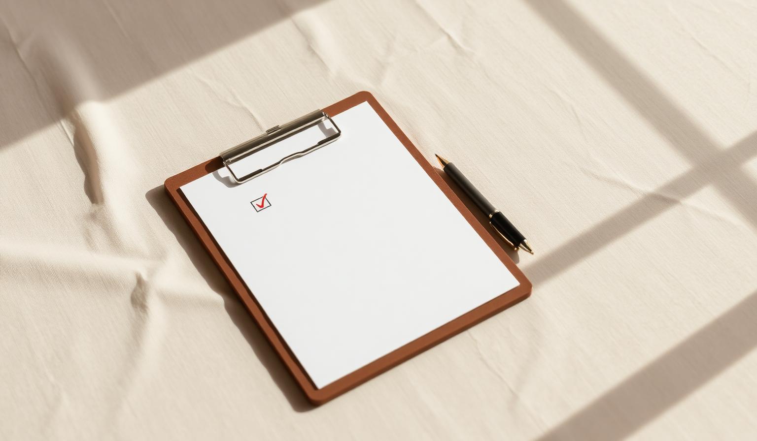 A clipboard with a checkmark in soft daylight