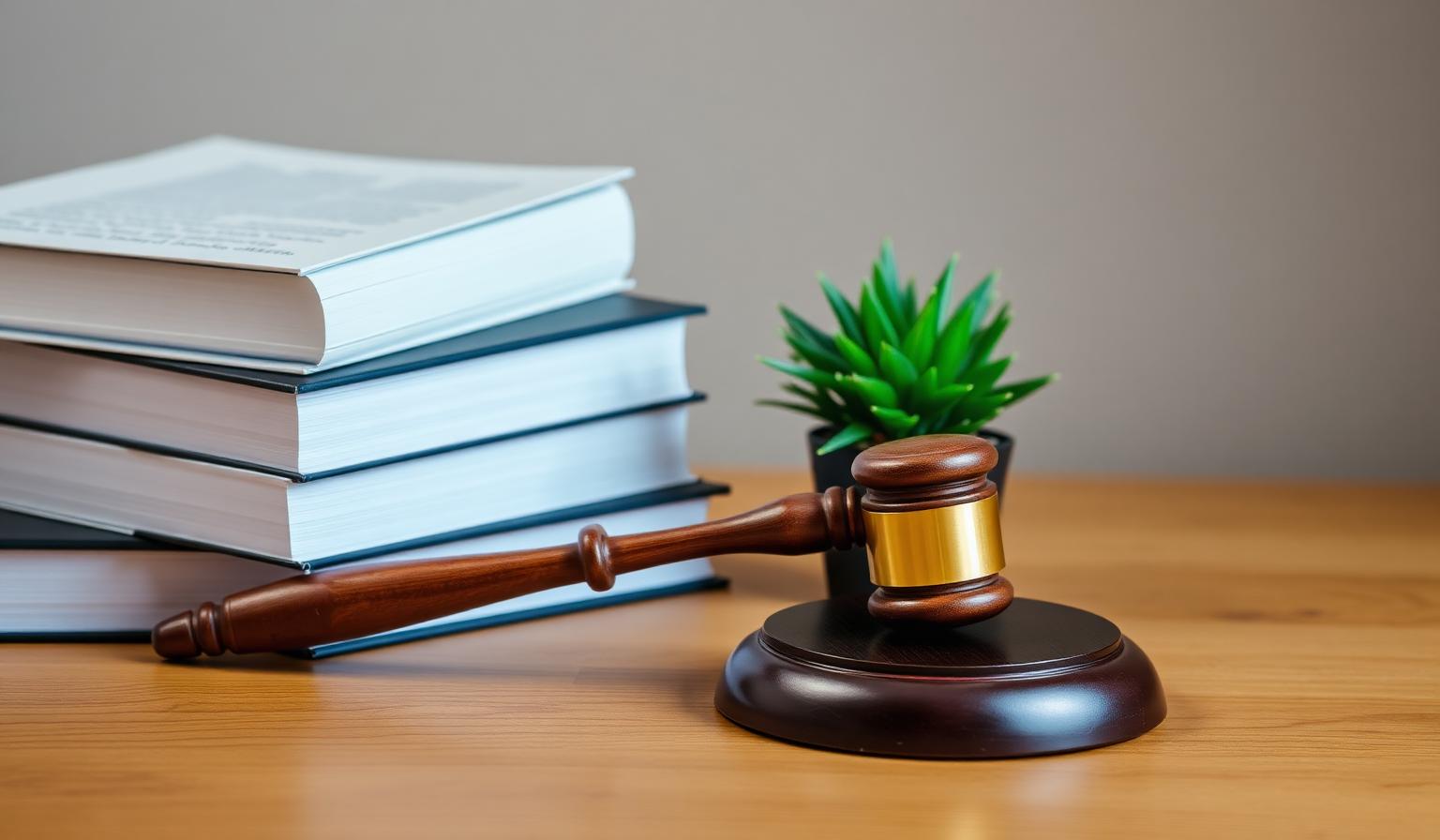 Gavel and law books on a warm wooden desk with a small green plant