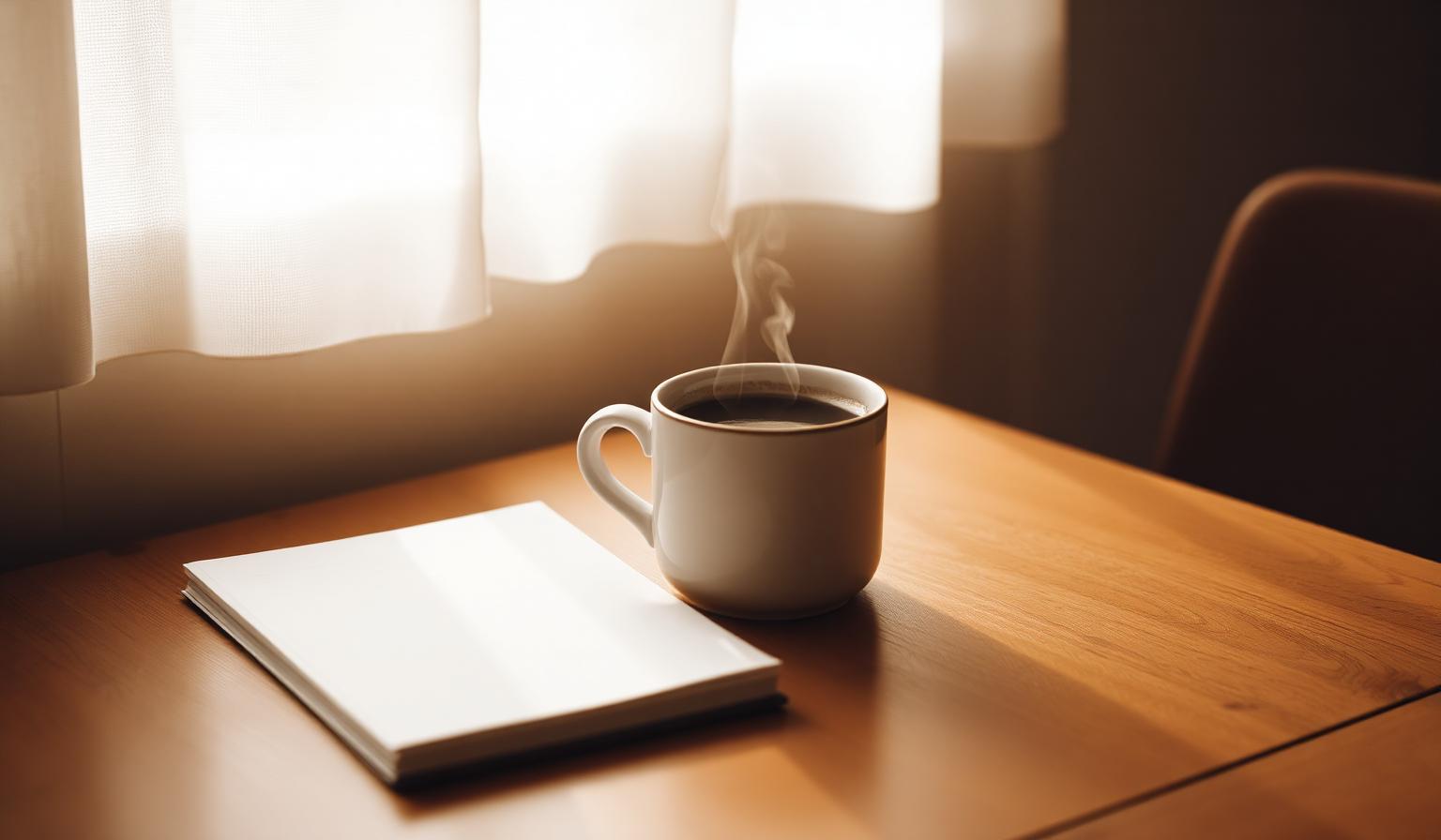 A warm cup of coffee and notebook in morning light