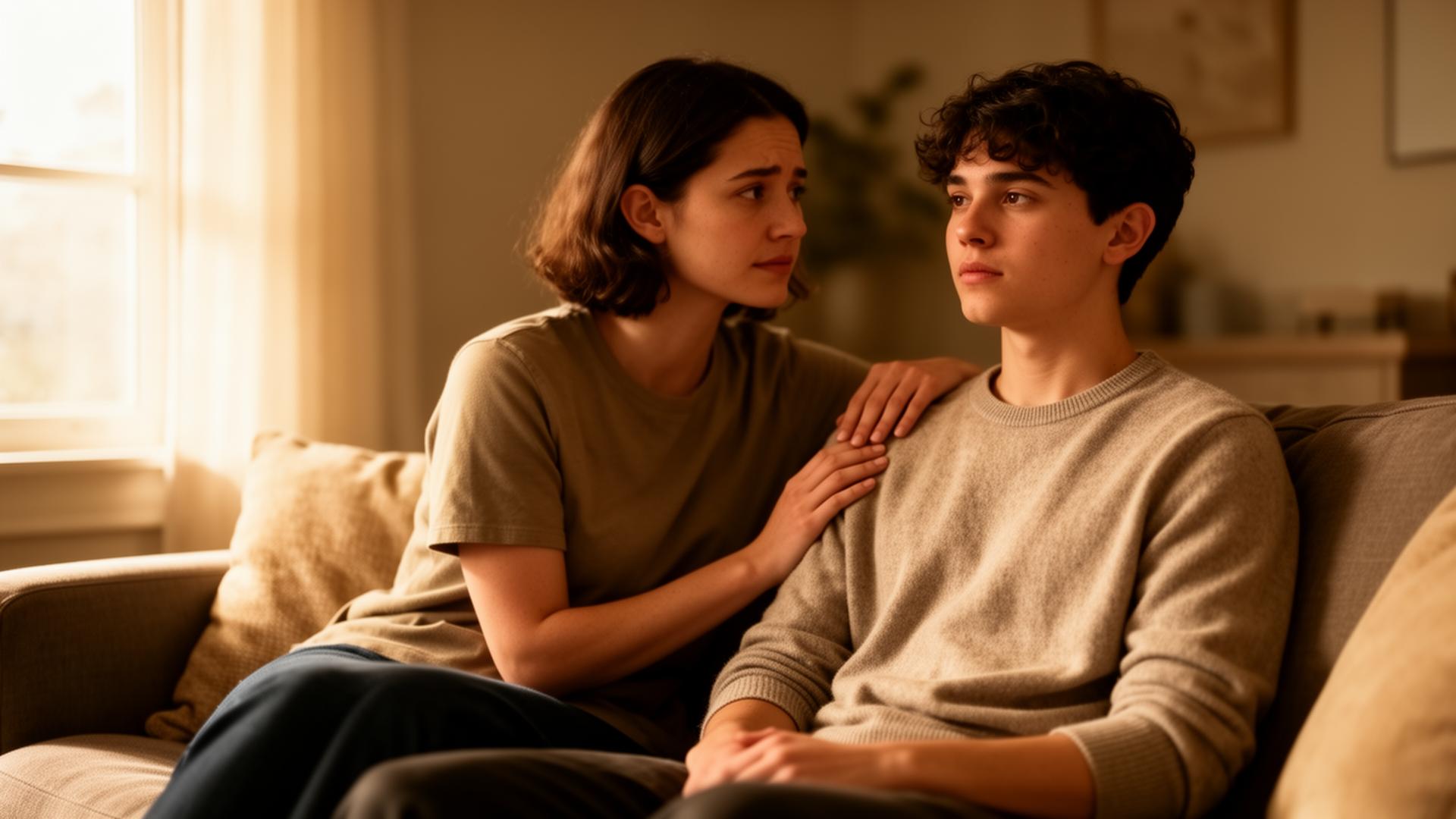 A parent resting a supportive hand on their young adult child's shoulder, calm and reassuring
