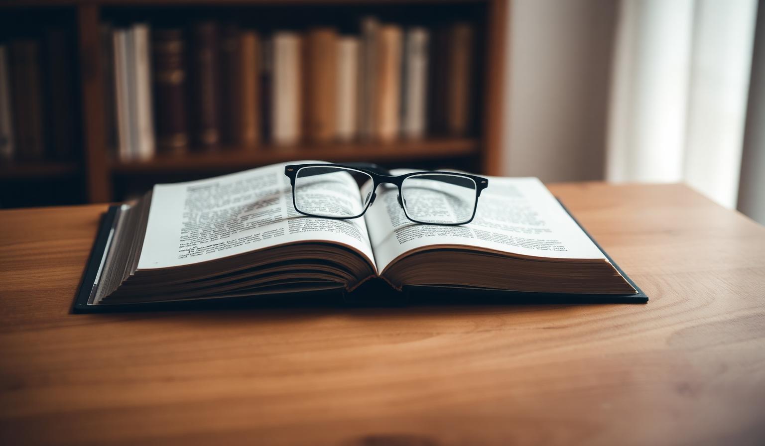 Open law book with reading glasses on a wooden desk