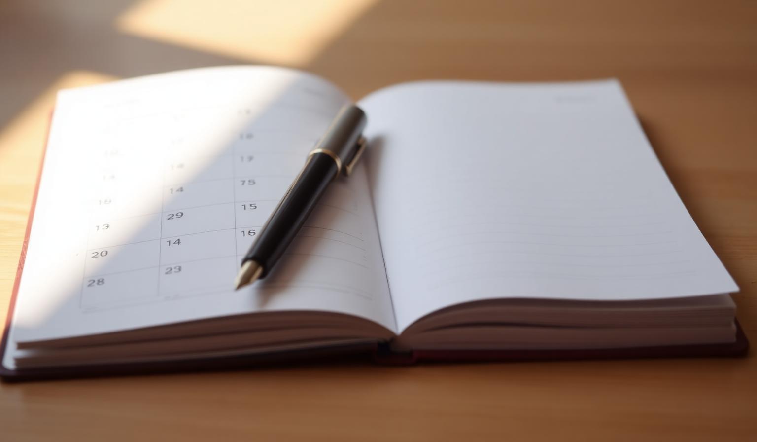 An open calendar and pen in soft morning light